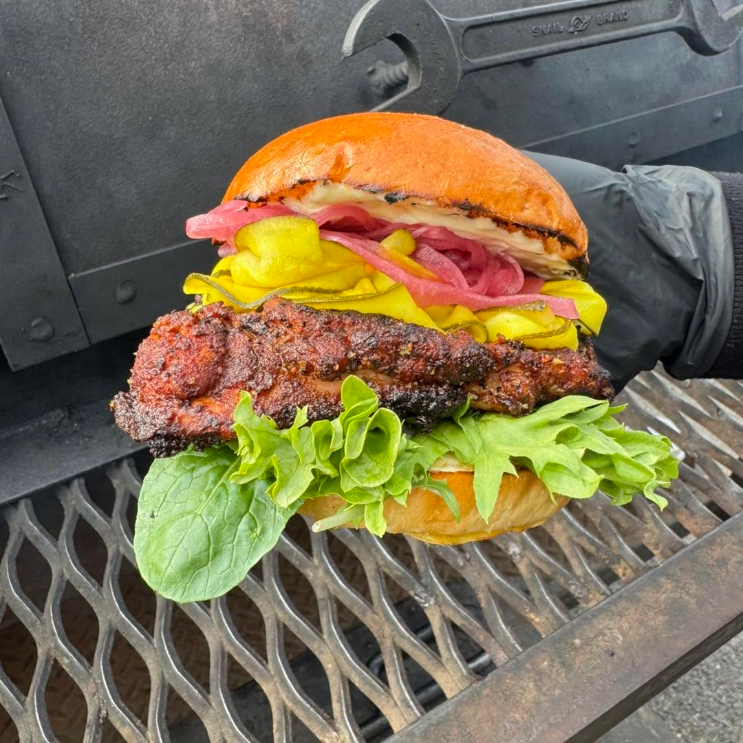 Signature Chieftains smokehouse burger on the grill