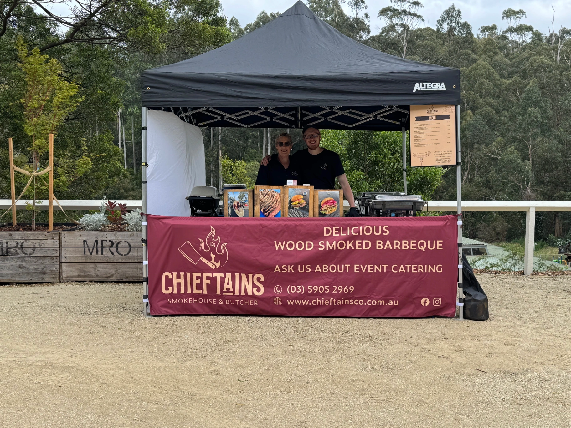 Outdoor catering food stall setup at a public event